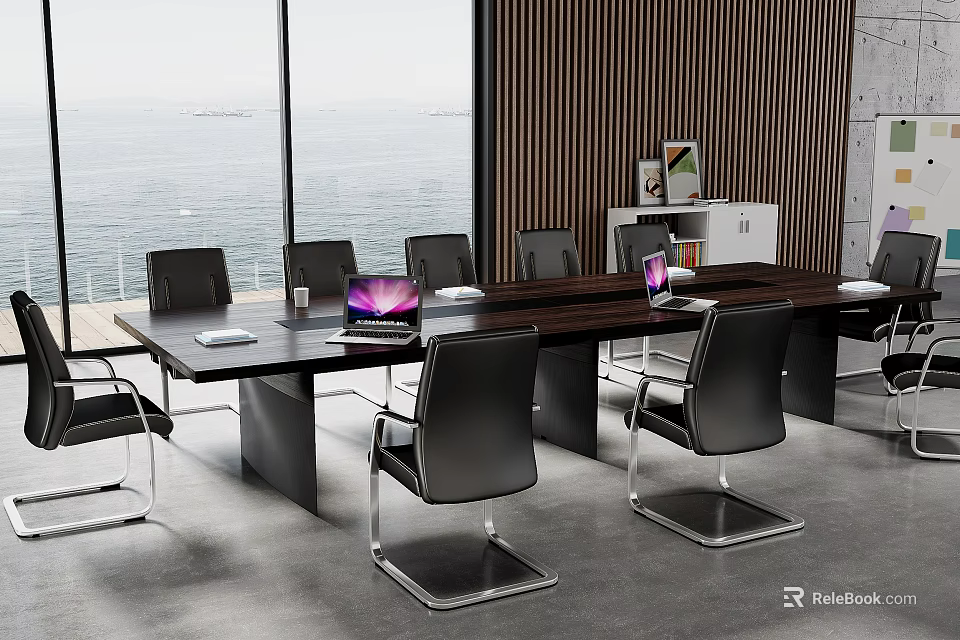Modern Conference Table With Black Chairs Laptop And Sea View Through Large Windows 3d model 