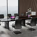 Modern Conference Table With Black Chairs Laptop And Sea View Through Large Windows