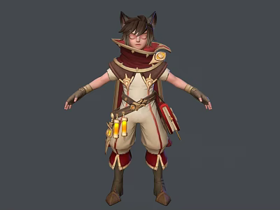 Game Movie Character With Cat Ears Wearing Fantasy Cloak Decorative Top And Waist Pouches 3d model