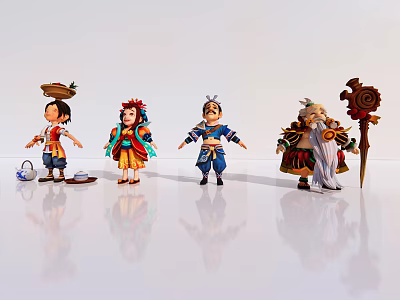 Four Game Movie Characters Collectible Action Figures In Traditional Costumes And Unique Poses 3d model