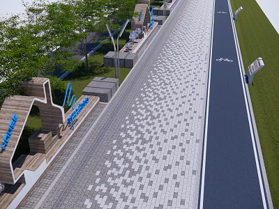 Municipal Road With Patterned Paved Sidewalk Greenery Street Lamps And Signs 3d model