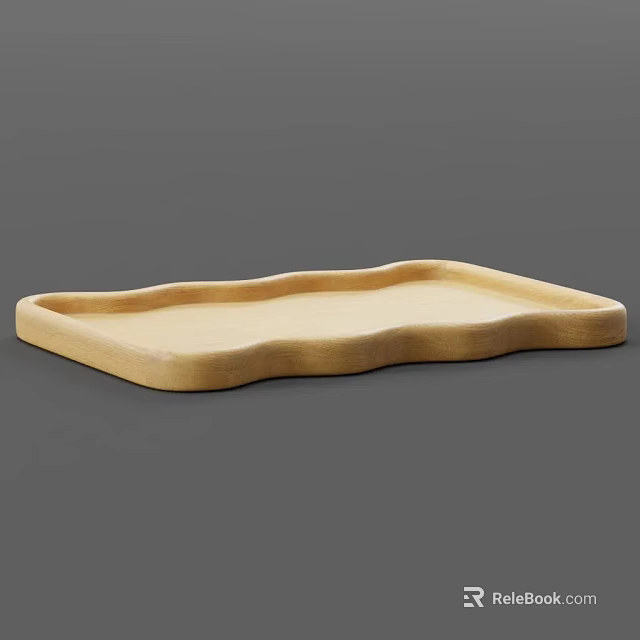 Natural Wooden Tableware Set Featuring Rectangular Tray With Wavy Edge 3d model