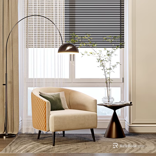 Beige Armchair With Green Cushion Floor Lamp Window Blinds And Side Table With Vase Plant 3d model 