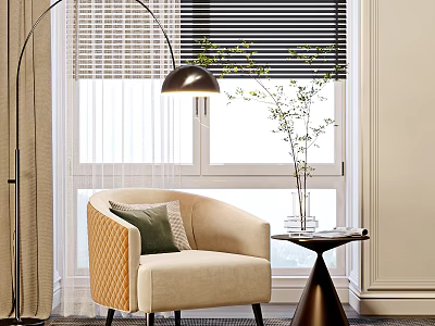 Beige Armchair With Green Cushion Floor Lamp Window Blinds And Side Table With Vase Plant 3d model
