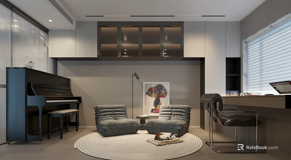 Modern Study Room With Piano Armchairs And Round Rug 3d model 