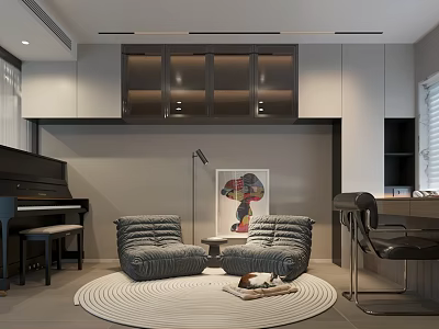 Modern Study Room With Piano Armchairs And Round Rug 3d model