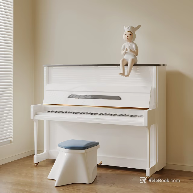 White Upright Piano In Bright Room With Window Stool And Decorative Doll 3d model 