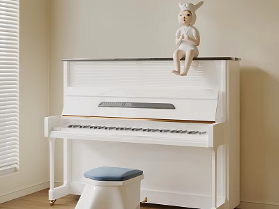 White Upright Piano In Bright Room With Window Stool And Decorative Doll 3d model