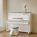 White Upright Piano In Bright Room With Window Stool And Decorative Doll