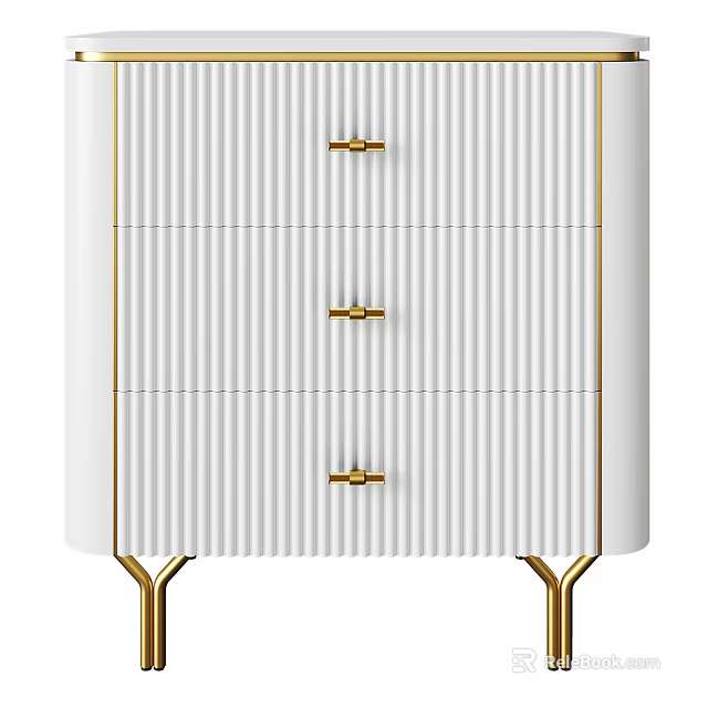 Elegant Modern White Entryway Cabinet Side Cabinet With Vertical Striped Drawers Golden Handles And Legs 3d model 