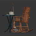 Wooden Rocking Chair And Blue Round Table With Teapot Cups Broom And Small Stool
