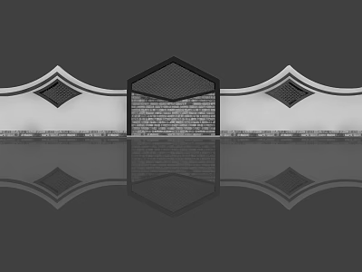 Traditional Scenic Wall With Brick Texture Lattice Windows And Curved Top Design 3d model