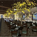 Restaurant Interior Design With Wooden Ceiling Hanging Lanterns Central Big Tree And Buffet Counter