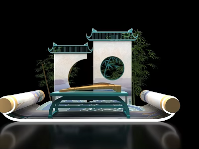 Traditional Chinese Decorative Scene With Architectural Elements Bamboo Scrolls And Musical Instrument 3d model
