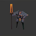Mechanical Robot Character Holding Flaming Torch With Glowing Orange Accents And Armored Exoskeleton Design