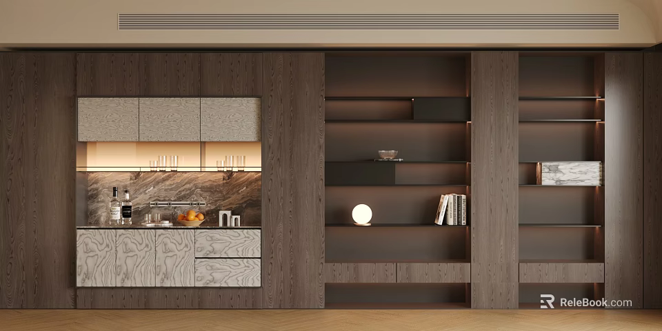 Elegant Modern Wooden Sideboard With Open Storage Shelves Drawers And Decorative Ornaments 3d model 