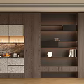 Elegant Modern Wooden Sideboard With Open Storage Shelves Drawers And Decorative Ornaments