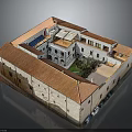 Courtyard Building Architectural Model With Red Tiled Roof White Walls And Central Greenery