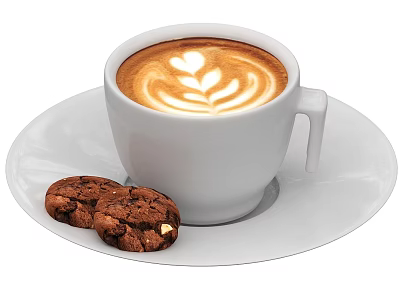 Latte Art Coffee In White Cup With Chocolate Cookies On White Plate 3d model
