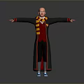 Man in black robe red yellow striped scarf red vest blue sneakers with arms outstretched