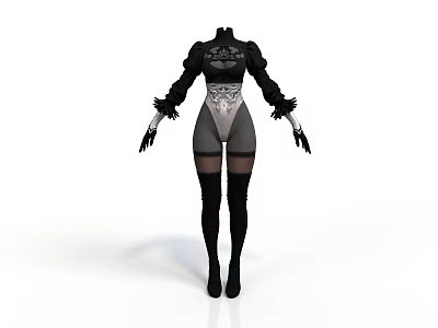 Woman Wearing Black Frilled Sleeve Top With Patterned Waist And Thigh High Socks 3d model