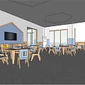 Bright Spacious Kindergarten Classroom With Wooden Tables Chairs Blackboard Large Windows And Storage Cabinets