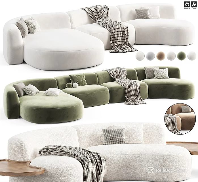 Plush Sectional Sofa With Multiple Color Options Pillows And Throw Blanket 3d model 