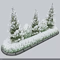 Snow Covered Shrubs in Stone Edged Flower Bed With Green Trees
