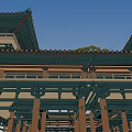 Ancient Chinese Architecture With Traditional Overhanging Roof Red Pillars And Wooden Doors