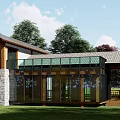 Wooden Detached Villa With Large Glass Windows Balcony Sloped Roof And Surrounded By Green Trees