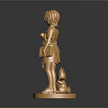 Golden Statue Standing Figure With Small Animal Companion On Circular Shiny Base
