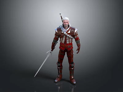 White Haired Man In Red And Black Armor Holding Sword Against Gray Background 3d model