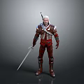 White Haired Man In Red And Black Armor Holding Sword Against Gray Background