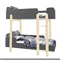 Modern Bunk Bed With Gray Frame Wooden Ladder And Plaid Bedding Pillows