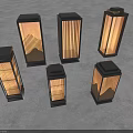 Various Modern Outdoor Lights With Black Frames And Patterned Illuminated Interiors 3d model
