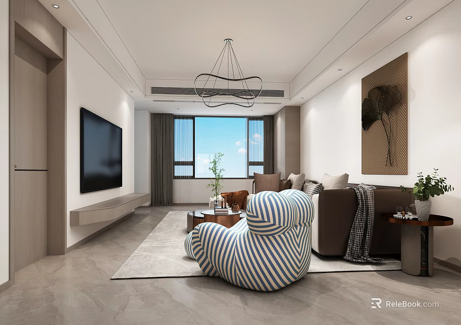 Modern Living and Dining Room Interior With TV Sofa Striped Chair Rug And Chandelier 3d model 