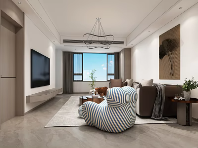 Modern Living and Dining Room Interior With TV Sofa Striped Chair Rug And Chandelier 3d model