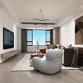 Modern Living and Dining Room Interior With TV Sofa Striped Chair Rug And Chandelier