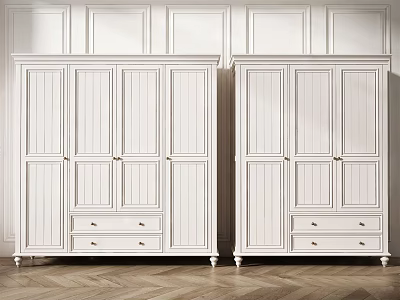 White Classic Wardrobes with Paneled Doors and Drawers on Wooden Floor and White Walls 3d model