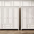 White Classic Wardrobes with Paneled Doors and Drawers on Wooden Floor and White Walls