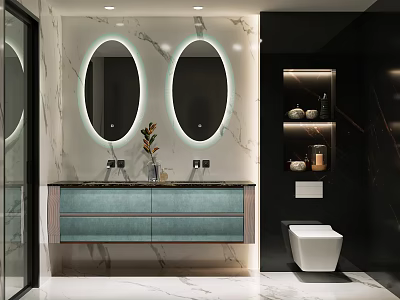 Modern Bathroom With Double Round Backlit Mirrors Marble Wall Blue Vanity And White Toilet 3d model