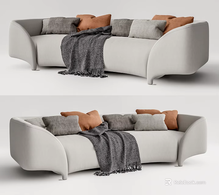 Modern Light Gray Sectional Sofa With Gray And Orange Pillows And Woven Blanket 3d model 