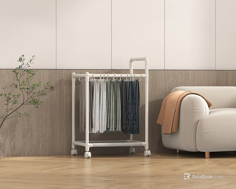 White clothes rack on wheels with hanging clothes near beige sofa in living room 3d model 