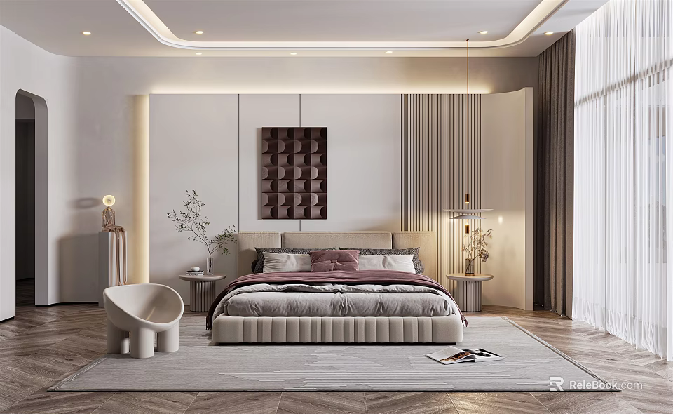 Modern Bedroom Interior With Plush Bed Decorative Wall Art Accent Chair And Area Rug 3d model 