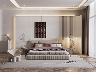 Modern Bedroom Interior With Plush Bed Decorative Wall Art Accent Chair And Area Rug 3d model