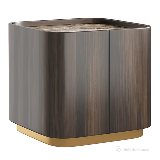 Modern Dark Wooden Bedside Table With Cabinet Doors And Gold Base 3d model 