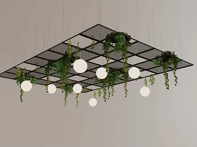 Grid Ceiling Design With Hanging Plants And Round Lights 3d model