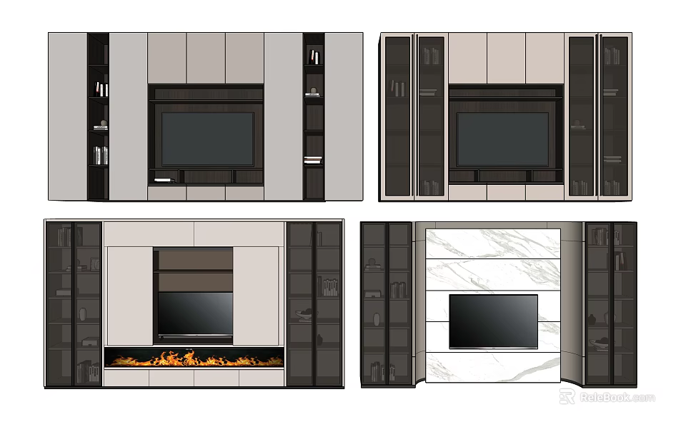 Modern TV Wall Unit Designs Featuring Marble Panels Storage Cabinets And Fireplace 3d model