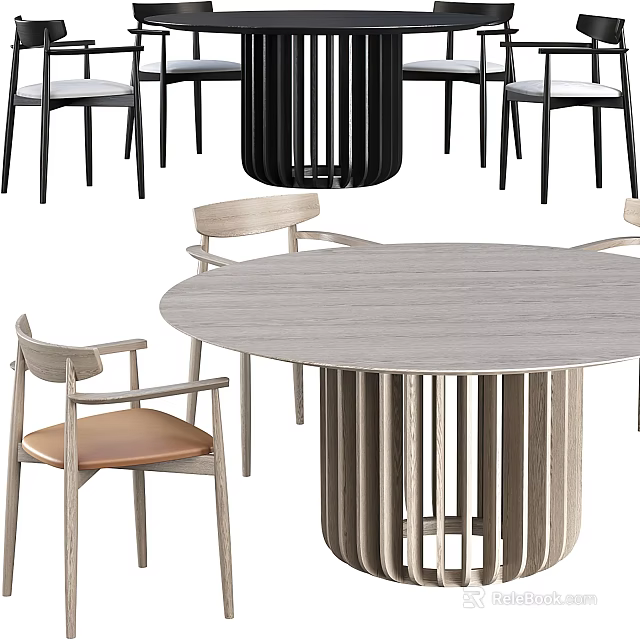 Stylish Modern Round Dining Table With Wooden Chairs And Minimalist Base Design 3d model 