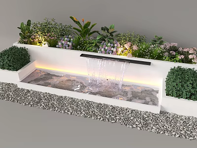 Stylish Plant Combination With Water Feature Diverse Greenery And Colorful Blooms Gravel Base And Lighting 3d model